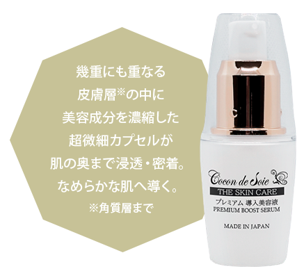 幾重にも重なる皮膚層※の中に美容成分を濃縮した超微細カプセルが、 肌の奥まで浸透・密着。なめらかな肌へ導く。※角質層まで